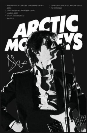 Black and white Arctic Monkeys poster featuring a guitarist and singer performing with a microphone.