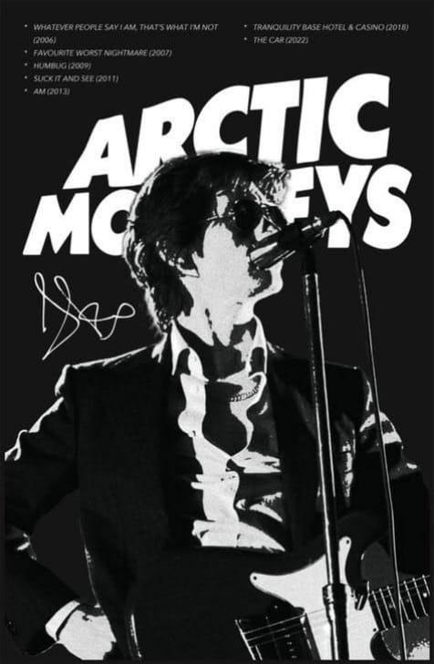 Black and white Arctic Monkeys poster featuring a guitarist and singer performing with a microphone.