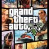 Grand Theft Auto V promotional cover featuring illustrated characters, vehicles, a helicopter, and a dog
