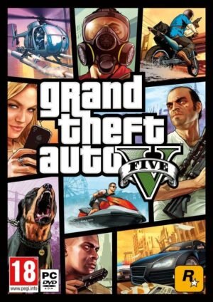 Grand Theft Auto V Grand Theft Auto V promotional cover featuring illustrated characters, vehicles, a helicopter, and a dog