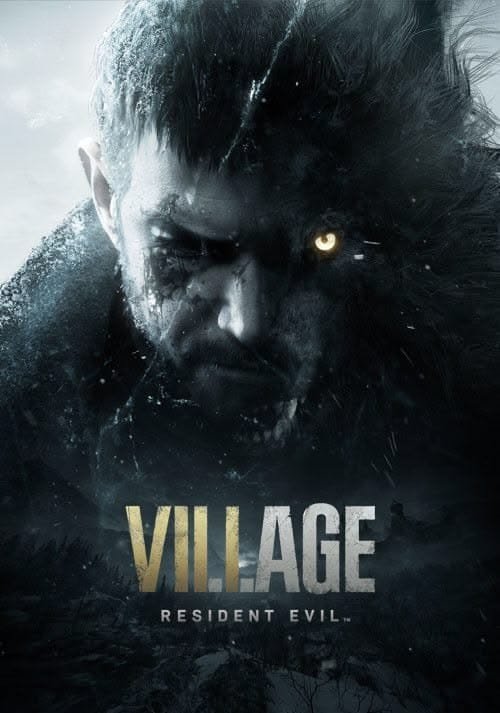 Resident Evil Village poster featuring a dark werewolf-like creature with one glowing eye.