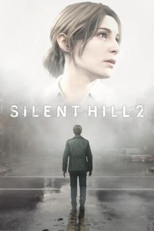 Silent Hill 2 poster showing a man walking through a foggy, deserted town with a woman’s face above him.