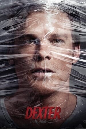 Dexter Poster Dexter poster featuring a close-up portrait of a man behind transparent plastic wrap.