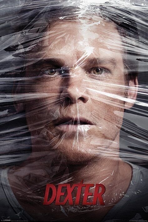 Dexter Poster Dexter poster featuring a close-up portrait of a man behind transparent plastic wrap.