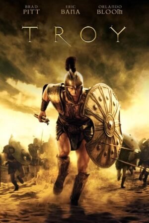 Troy movie poster featuring a Greek warrior in bronze armor holding a large shield on a battlefield.