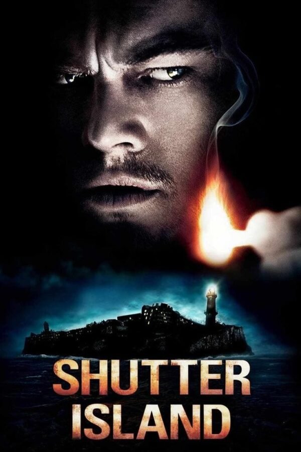 Shutter Island poster featuring a close-up of a man, a burning match, and a dark island with a lighthouse.