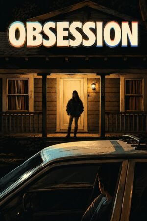 Obsession Poster Obsession poster showing a woman standing in the doorway of a wooden house at night while a person watches from a vintage car.