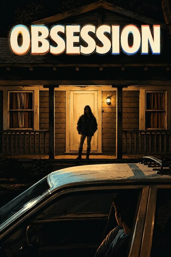 Obsession Poster Obsession poster showing a woman standing in the doorway of a wooden house at night while a person watches from a vintage car.