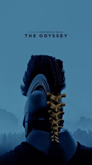 The Odyssey poster featuring an armored warrior viewed from behind against a blue atmospheric landscape.