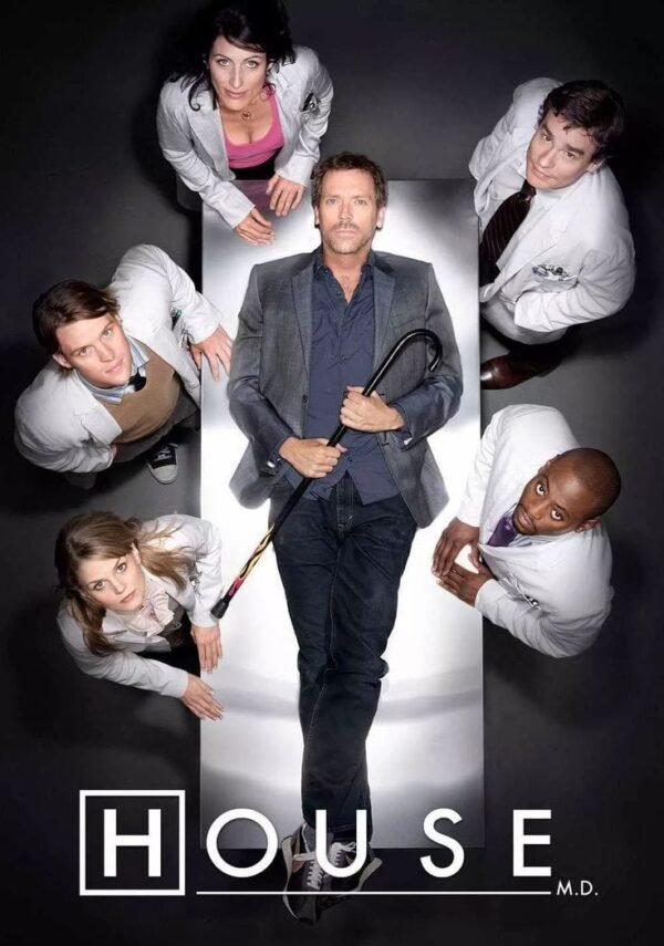House M.D. promotional poster featuring a doctor standing at the center surrounded by medical team members.