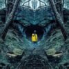 Dark series poster showing a child in a yellow raincoat walking toward a mysterious cave in a dark forest.