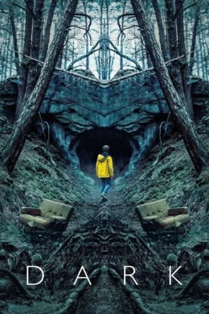 Dark Dark series poster showing a child in a yellow raincoat walking toward a mysterious cave in a dark forest.