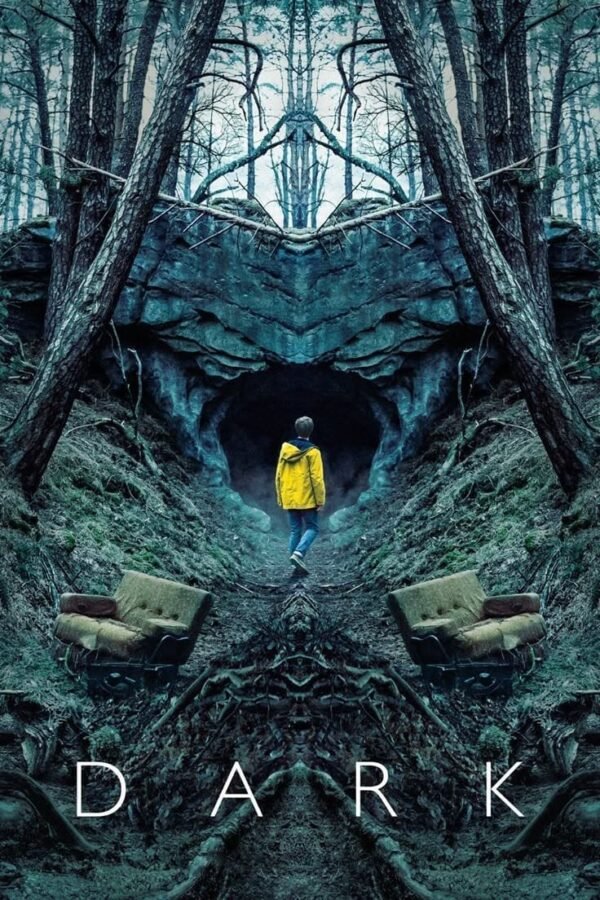 Dark series poster showing a child in a yellow raincoat walking toward a mysterious cave in a dark forest.