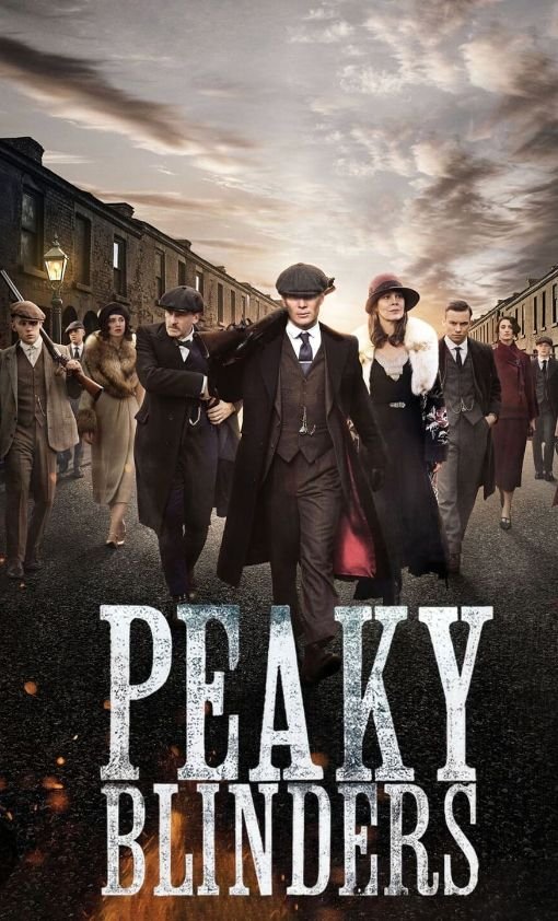 Peaky Blinders characters walking together down a street in vintage 1920s attire.