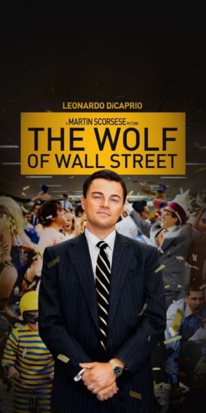 The Wolf of Wall Street poster featuring a man in a black suit standing in front of a cheering crowd with falling confetti.