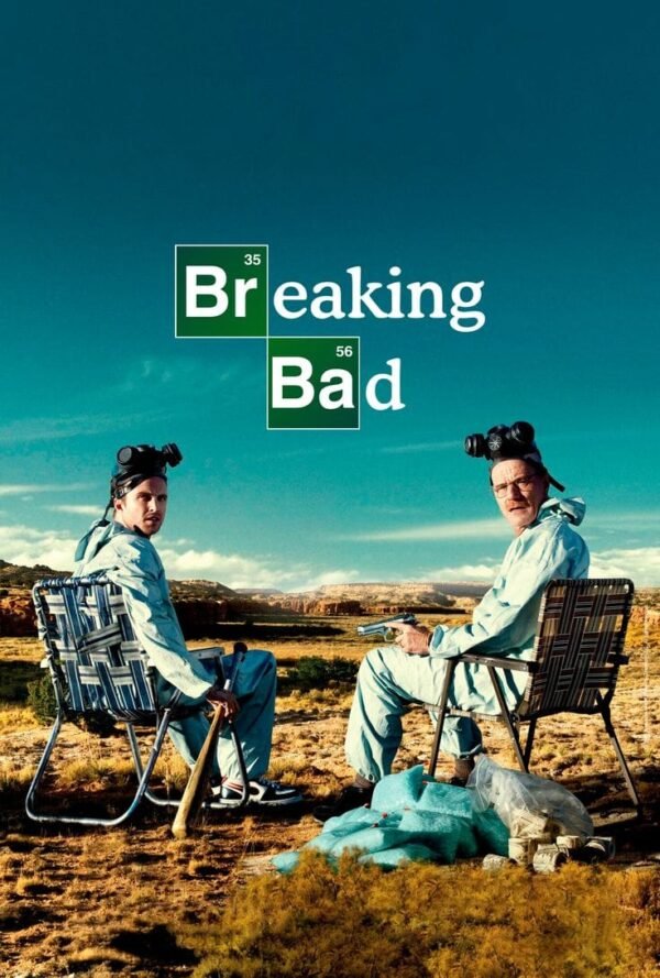 Breaking Bad poster showing two men in protective suits sitting in chairs in a desert landscape.