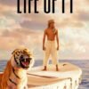 Life of Pi poster showing a young man standing on a lifeboat with a Bengal tiger in the ocean.