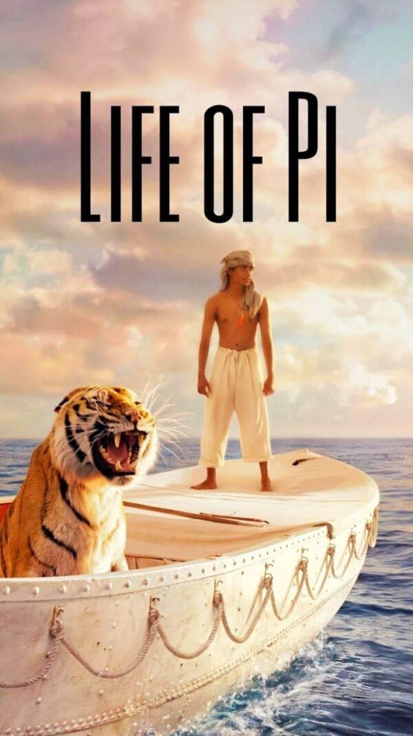 Life of Pi poster showing a young man standing on a lifeboat with a Bengal tiger in the ocean.
