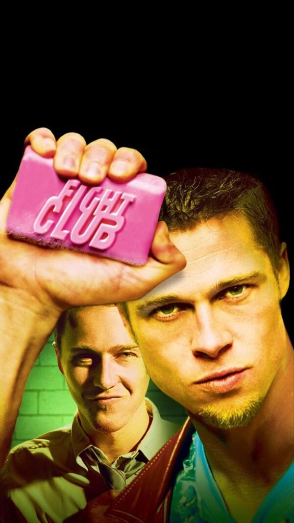 Fight Club poster featuring two male characters and a pink soap bar with “Fight Club” text