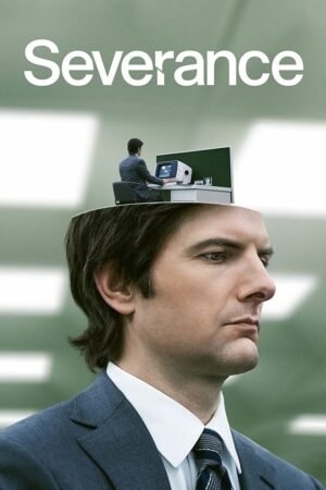 Severance Poster Severance poster featuring a suited man with a miniature office on top of his head.