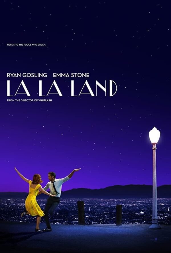 La La Land poster showing two dancers under a starry night sky overlooking a city, with a street lamp beside them.